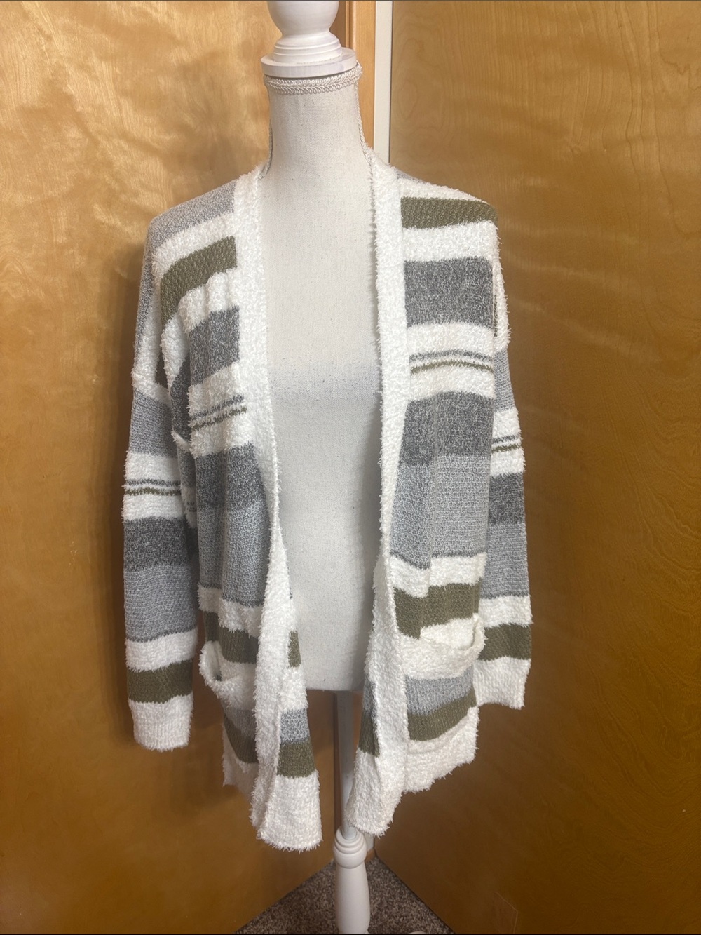 NWT Pink Clover Striped Soft Fuzzy Open Front Cardigan Sweater S Oversized